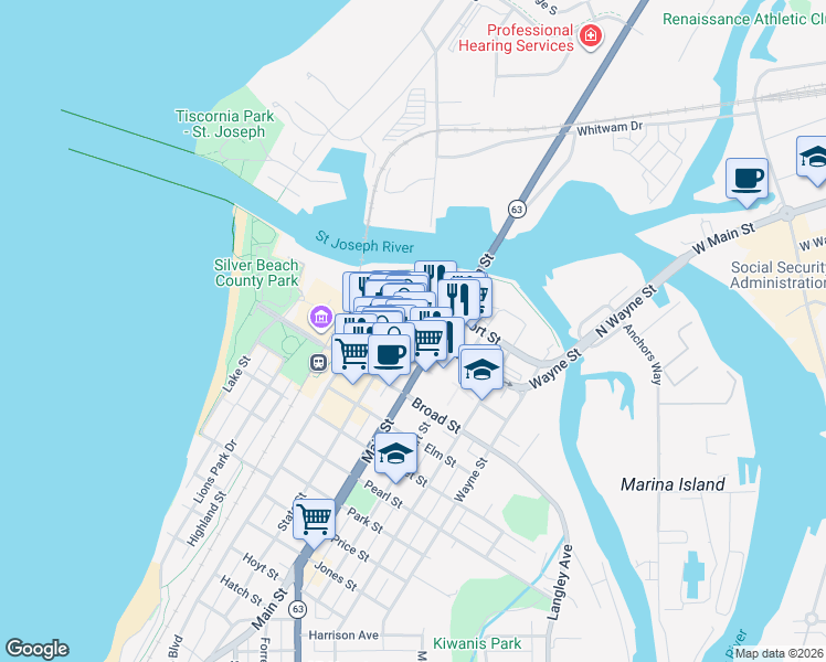 map of restaurants, bars, coffee shops, grocery stores, and more near 612 Ship Street in St. Joseph