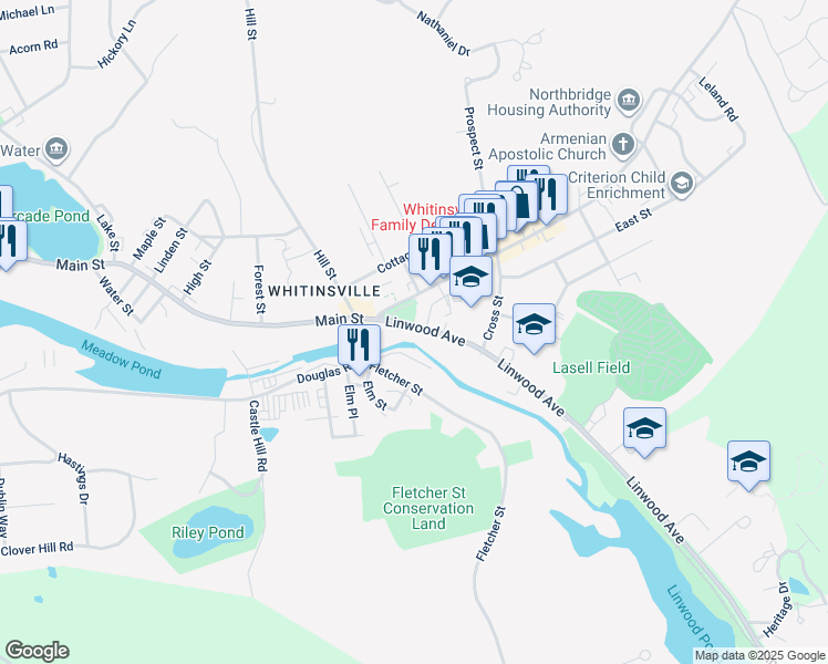 map of restaurants, bars, coffee shops, grocery stores, and more near 30 Linwood Avenue in Northbridge