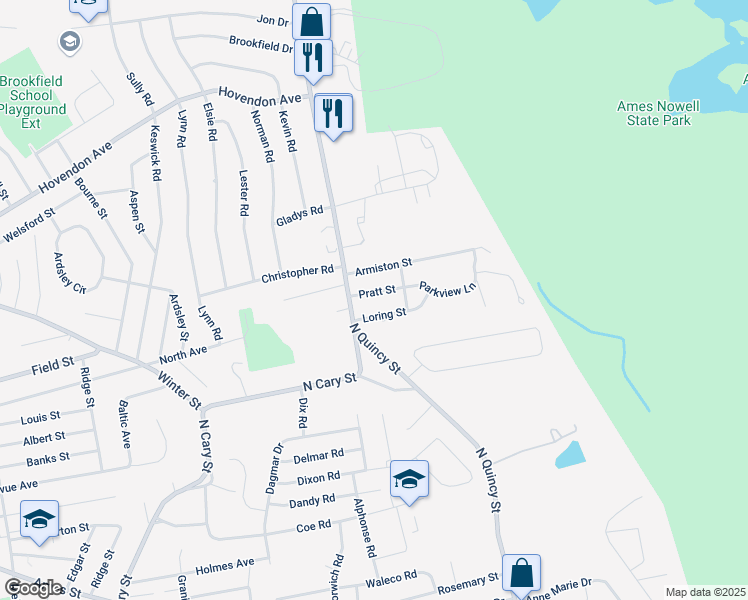 map of restaurants, bars, coffee shops, grocery stores, and more near 33 Loring Street in Brockton