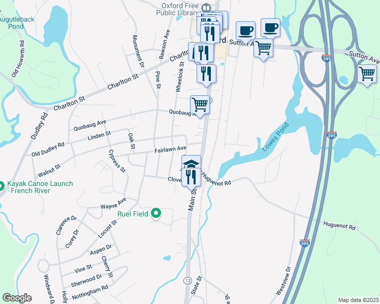 map of restaurants, bars, coffee shops, grocery stores, and more near 227 Main Street in Oxford
