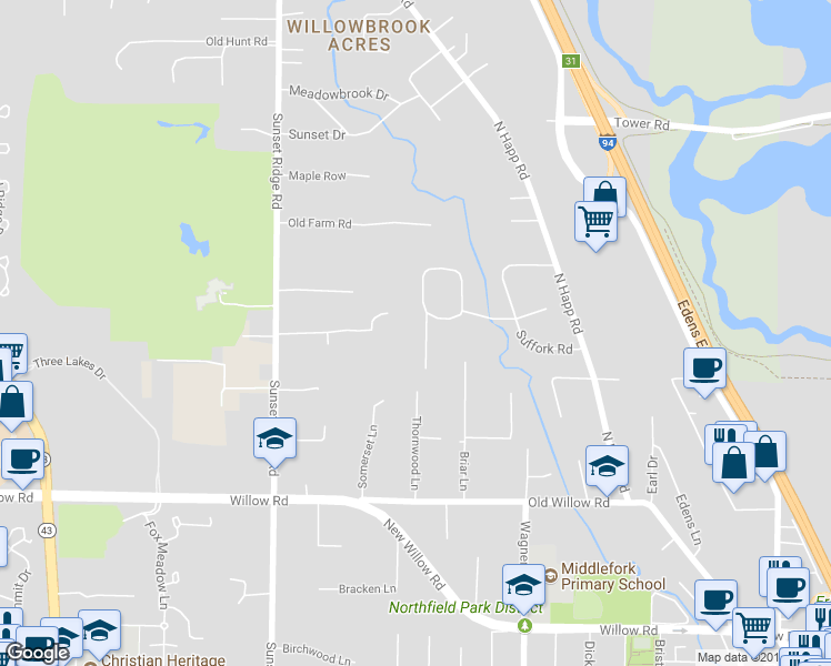 map of restaurants, bars, coffee shops, grocery stores, and more near 2113 Middlefork Road in Northfield