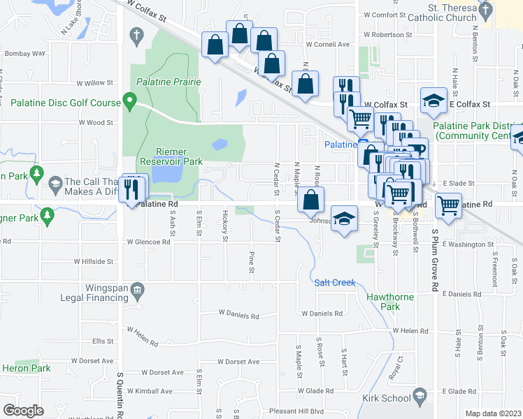 map of restaurants, bars, coffee shops, grocery stores, and more near 423 West Palatine Road in Palatine