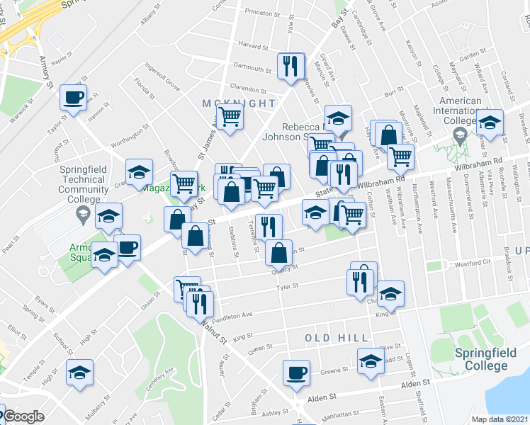 map of restaurants, bars, coffee shops, grocery stores, and more near 691 State Street in Springfield
