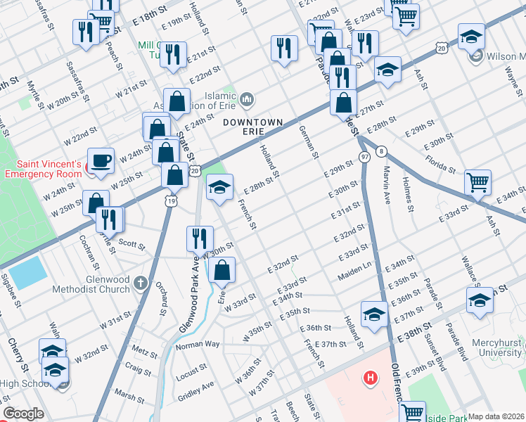 map of restaurants, bars, coffee shops, grocery stores, and more near 2915 French Street in Erie
