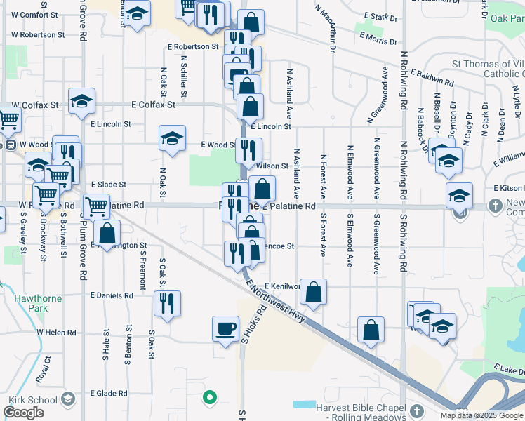 map of restaurants, bars, coffee shops, grocery stores, and more near 23 South Northwest Highway in Palatine