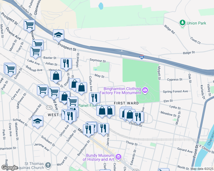 map of restaurants, bars, coffee shops, grocery stores, and more near 12 Field Street in Binghamton