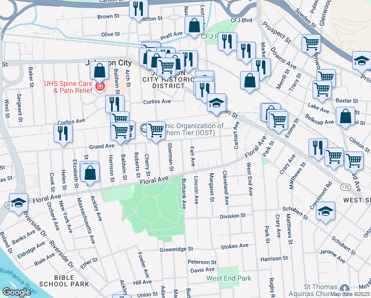 map of restaurants, bars, coffee shops, grocery stores, and more near 19 Burbank Avenue in Johnson City