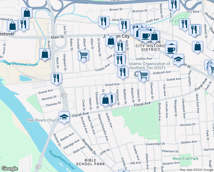 map of restaurants, bars, coffee shops, grocery stores, and more near 264 Grand Avenue in Johnson City