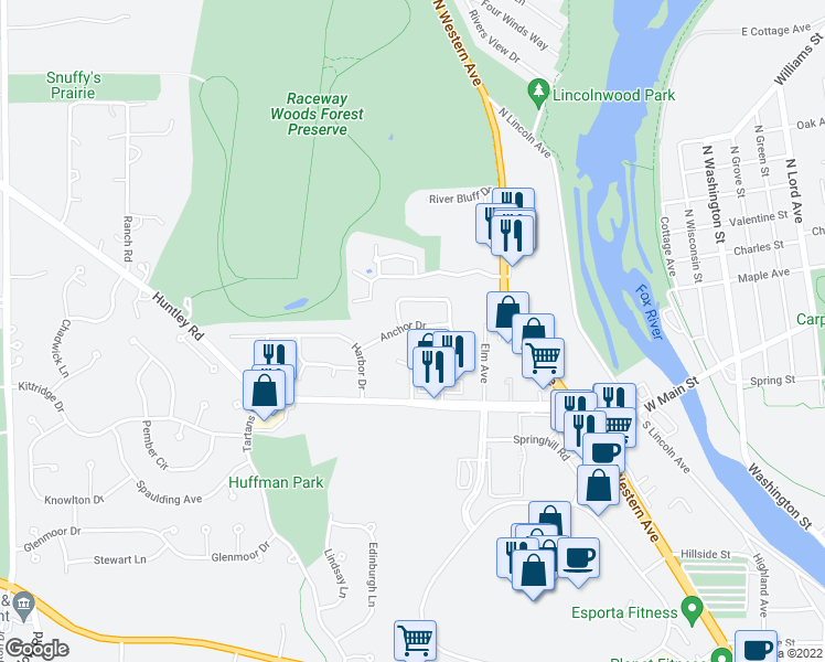 map of restaurants, bars, coffee shops, grocery stores, and more near 309 Anchor Drive in Carpentersville