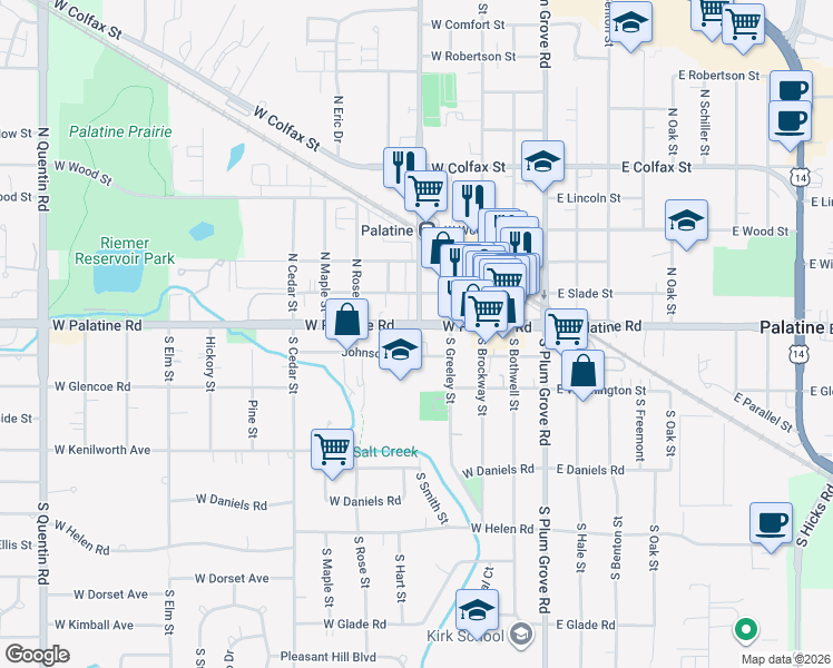 map of restaurants, bars, coffee shops, grocery stores, and more near 170 Johnson Street in Palatine