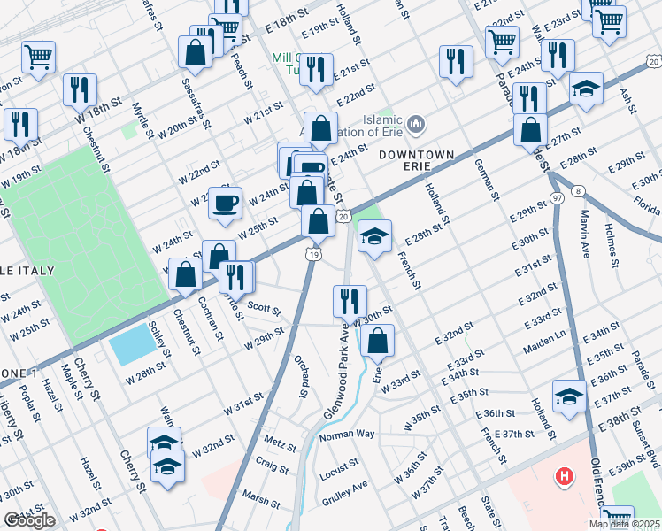 map of restaurants, bars, coffee shops, grocery stores, and more near Hill Road in Erie
