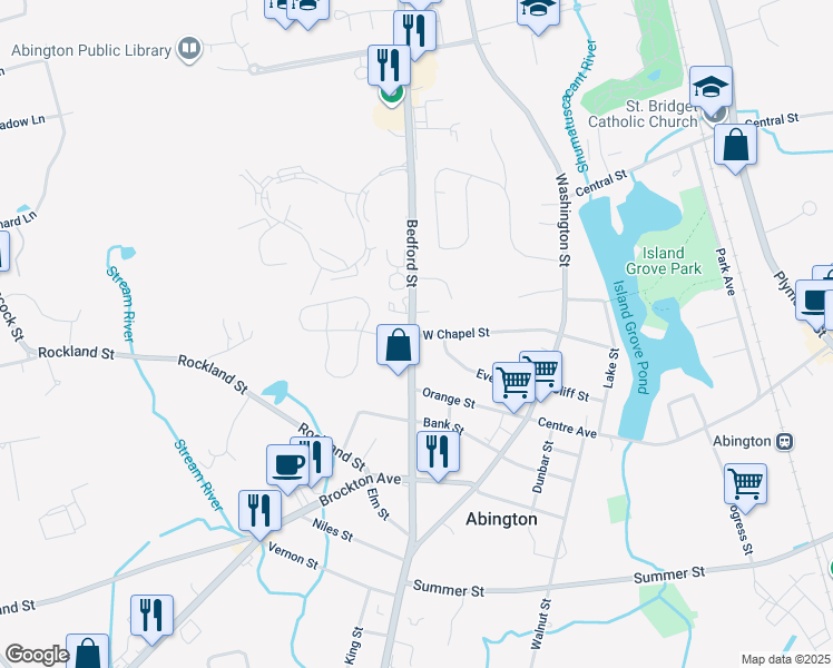 map of restaurants, bars, coffee shops, grocery stores, and more near 197 Bedford Street in Abington