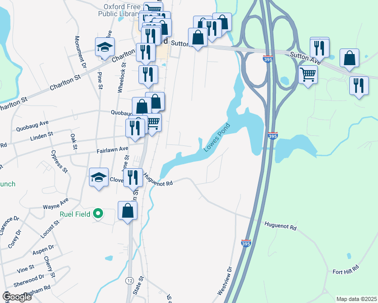 map of restaurants, bars, coffee shops, grocery stores, and more near 13 Huguenot Road in Oxford