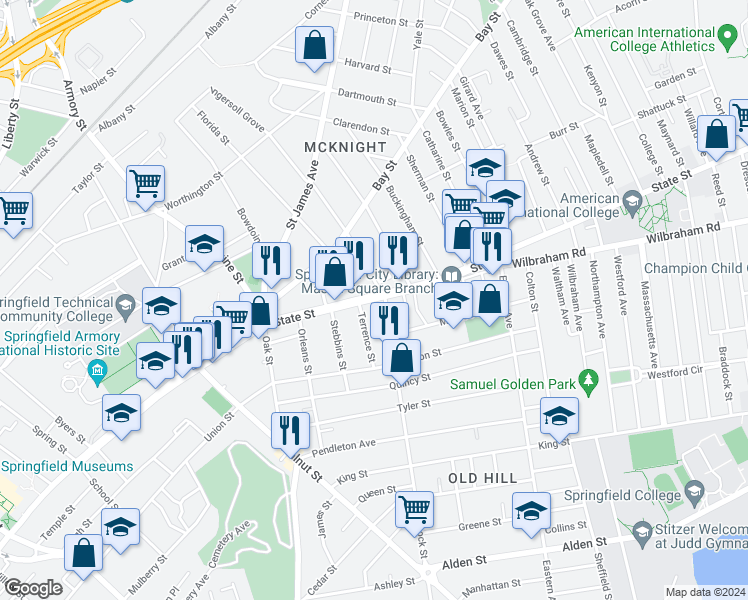 map of restaurants, bars, coffee shops, grocery stores, and more near 18 Terrence Street in Springfield