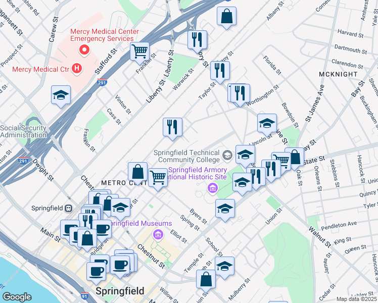 map of restaurants, bars, coffee shops, grocery stores, and more near 192-194 Pearl Street in Springfield