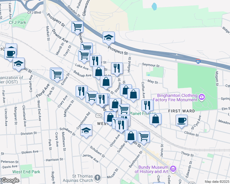 map of restaurants, bars, coffee shops, grocery stores, and more near 305 Clinton Street in Binghamton