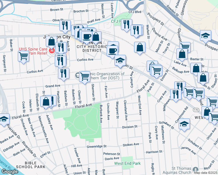 map of restaurants, bars, coffee shops, grocery stores, and more near 43 Farr Avenue in Johnson City