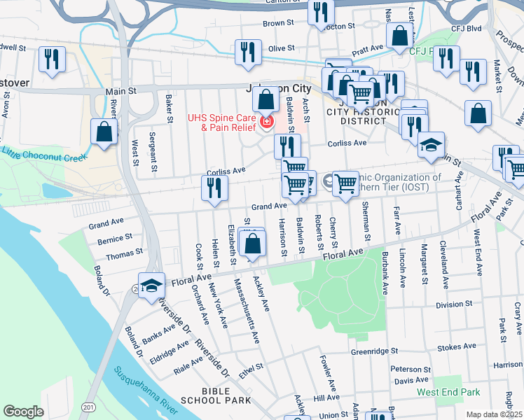 map of restaurants, bars, coffee shops, grocery stores, and more near 192 Hudson Street in Johnson City