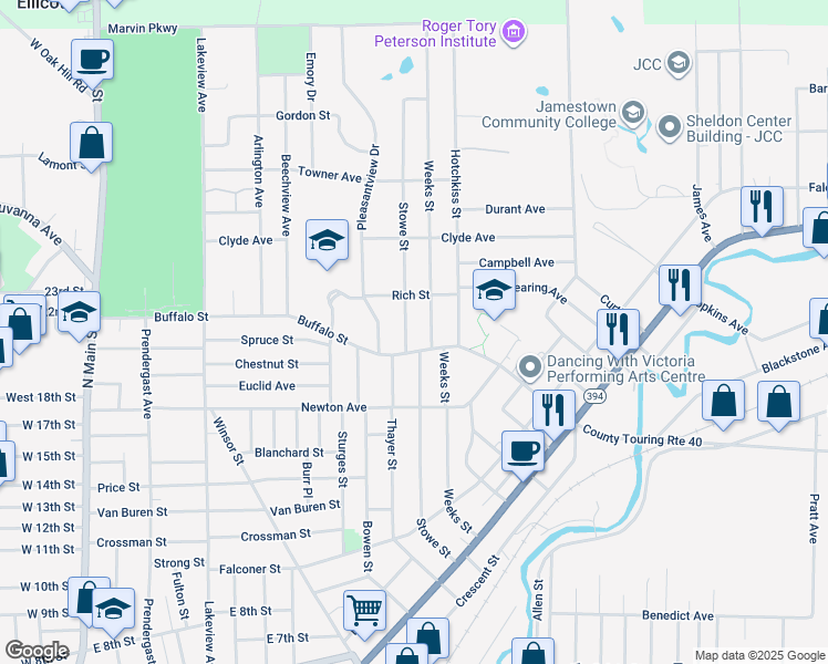 map of restaurants, bars, coffee shops, grocery stores, and more near 274 Buffalo Street in Jamestown