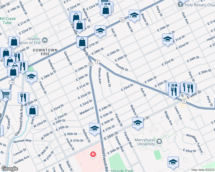 map of restaurants, bars, coffee shops, grocery stores, and more near 3228 Holmes Street in Erie