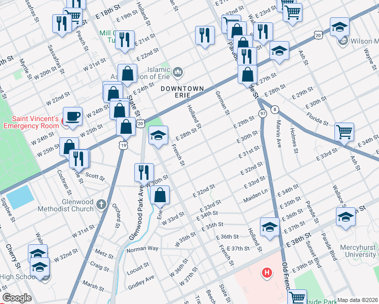 map of restaurants, bars, coffee shops, grocery stores, and more near 2915 French Street in Erie