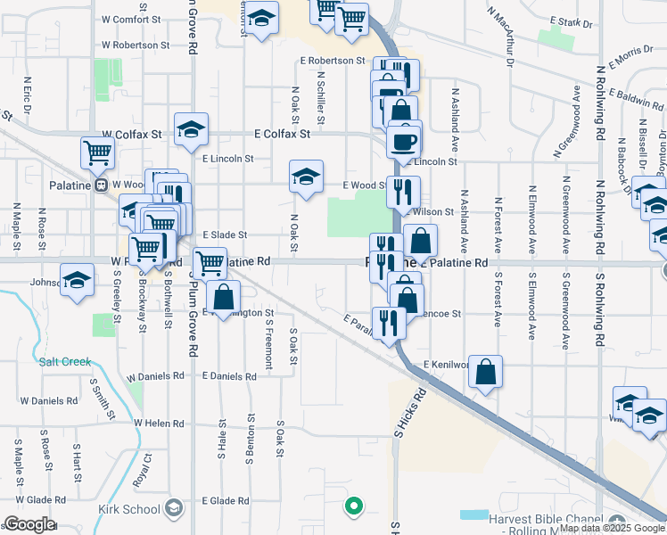 map of restaurants, bars, coffee shops, grocery stores, and more near 30 Glenwood Street in Palatine