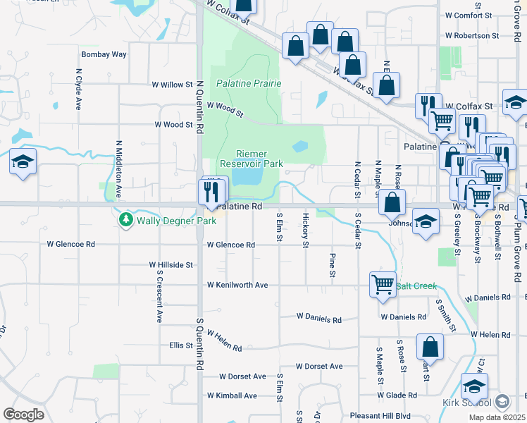 map of restaurants, bars, coffee shops, grocery stores, and more near 625 Palatine Road in Palatine