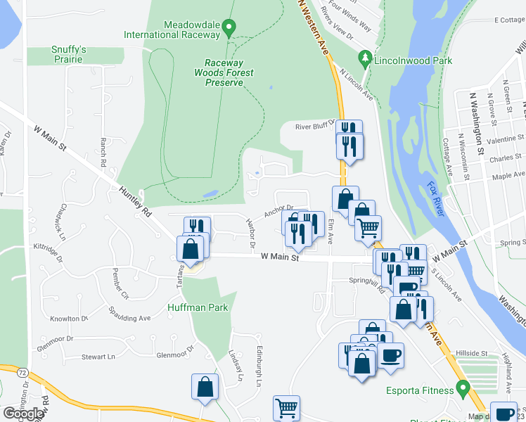 map of restaurants, bars, coffee shops, grocery stores, and more near 318 Anchor Drive in Carpentersville