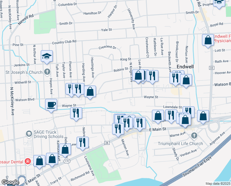 map of restaurants, bars, coffee shops, grocery stores, and more near 2724 Watson Boulevard in Endwell