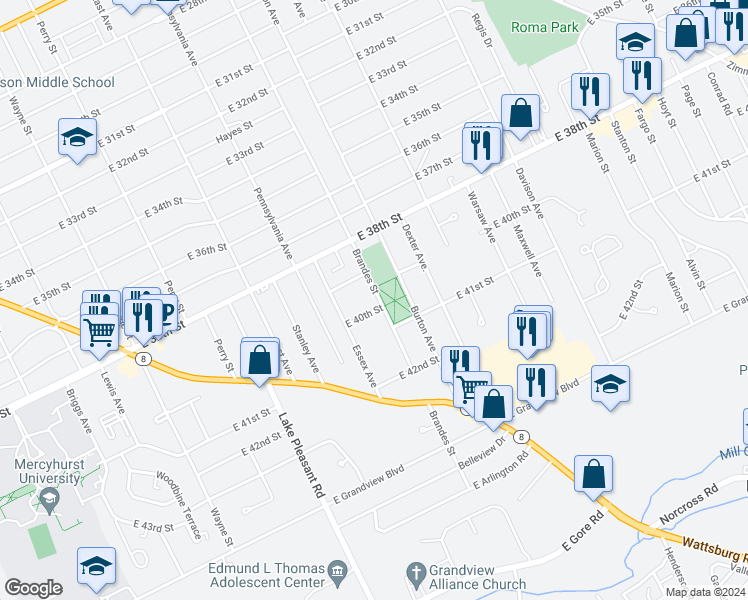 map of restaurants, bars, coffee shops, grocery stores, and more near 3928 Brandes Street in Erie