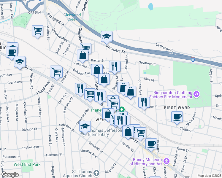 map of restaurants, bars, coffee shops, grocery stores, and more near 332 Clinton Street in Binghamton