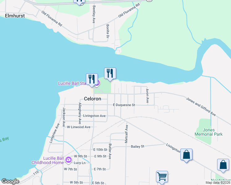 map of restaurants, bars, coffee shops, grocery stores, and more near 54 Boulevard Avenue in Jamestown