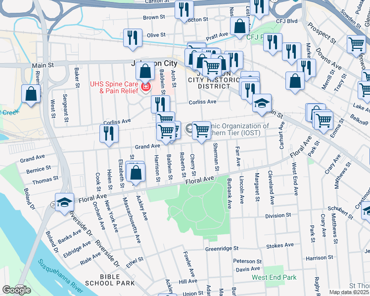 map of restaurants, bars, coffee shops, grocery stores, and more near 7 Roberts Street in Johnson City