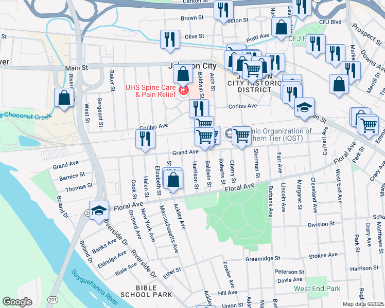 map of restaurants, bars, coffee shops, grocery stores, and more near 191 Harrison Street in Johnson City