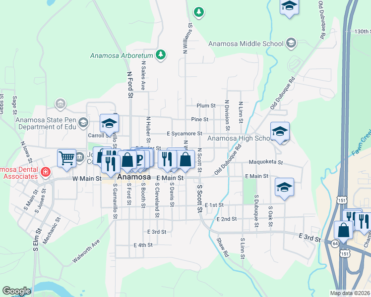 map of restaurants, bars, coffee shops, grocery stores, and more near 298 N Williams St in Anamosa