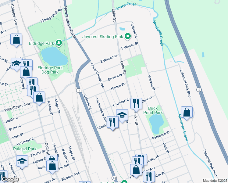 map of restaurants, bars, coffee shops, grocery stores, and more near 1317 Hall Street in Elmira