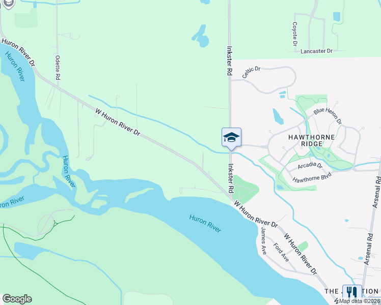 map of restaurants, bars, coffee shops, grocery stores, and more near 27626 West Huron River Drive in Flat Rock