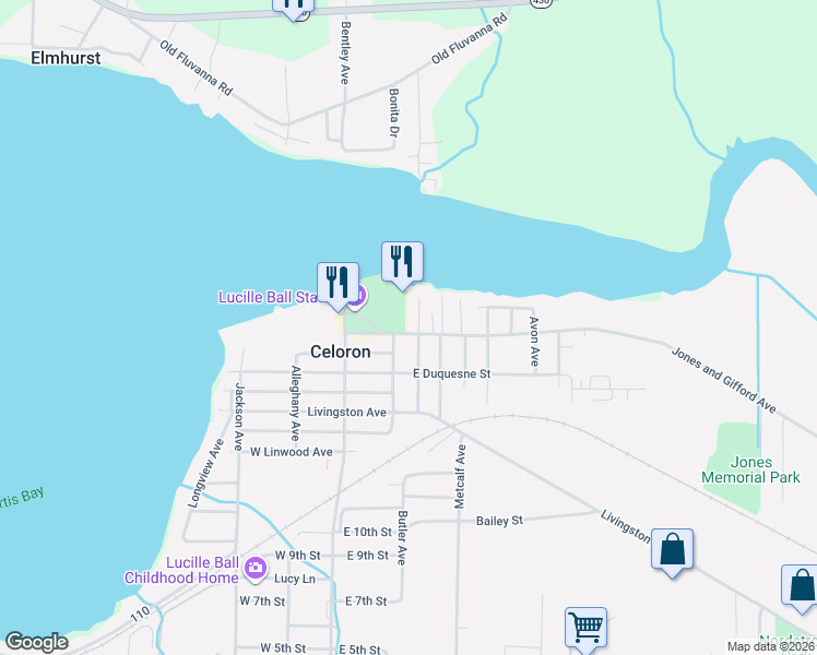 map of restaurants, bars, coffee shops, grocery stores, and more near 48 Boulevard Avenue in Jamestown
