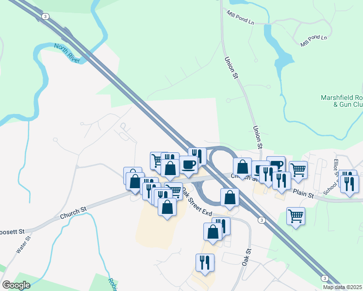 map of restaurants, bars, coffee shops, grocery stores, and more near 108 Old Church Street in Pembroke