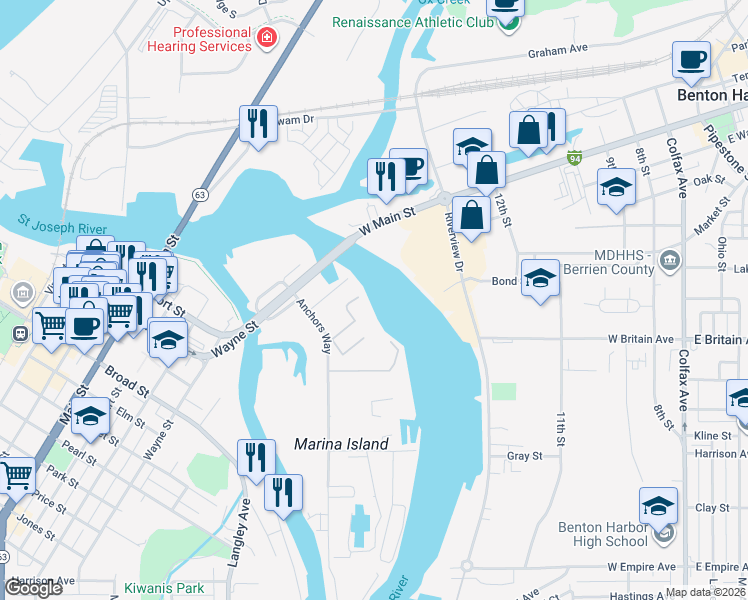 map of restaurants, bars, coffee shops, grocery stores, and more near 273 Shoreview Way in St. Joseph