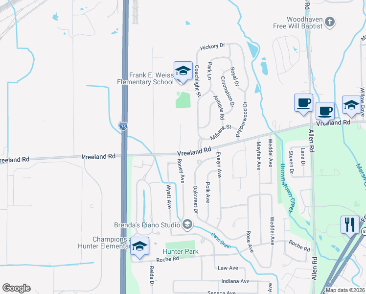 map of restaurants, bars, coffee shops, grocery stores, and more near 21024 Vreeland Road in Woodhaven