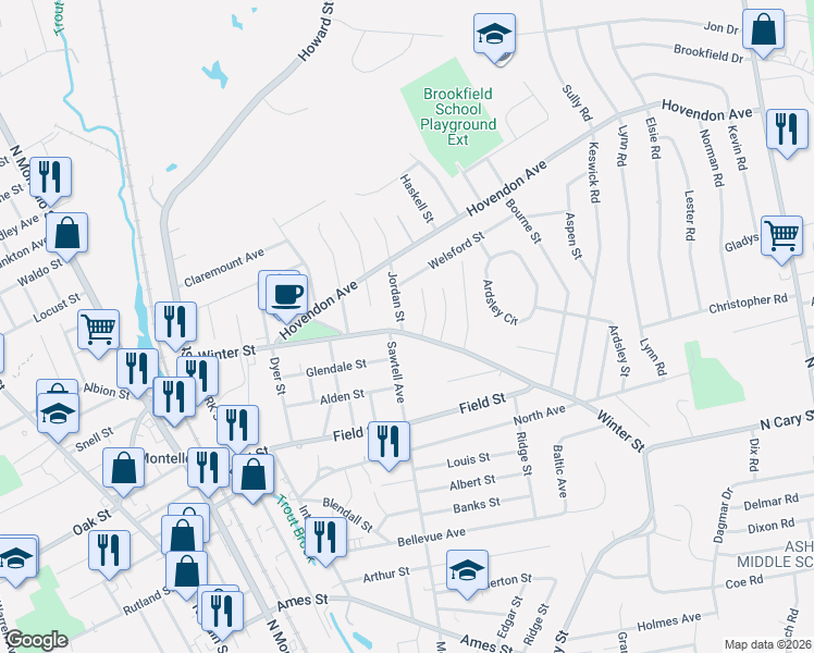 map of restaurants, bars, coffee shops, grocery stores, and more near 94 Glendale Street in Brockton