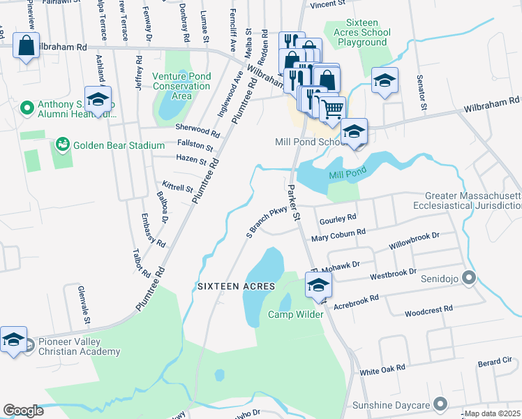 map of restaurants, bars, coffee shops, grocery stores, and more near 1347 South Branch Parkway in Springfield