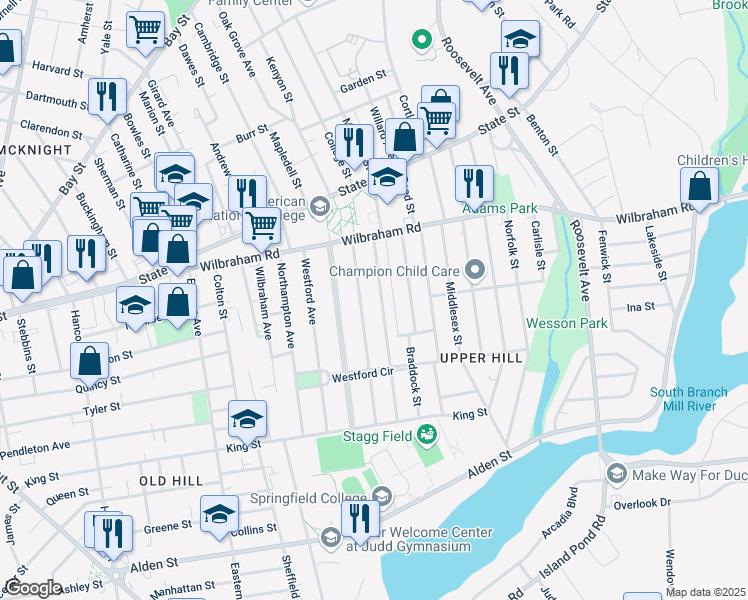map of restaurants, bars, coffee shops, grocery stores, and more near 91 Dunmoreland Street in Springfield