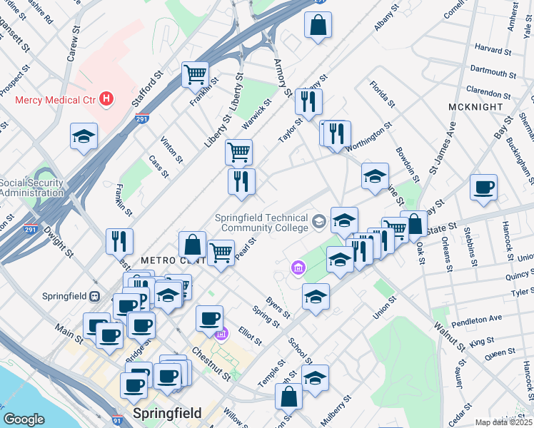 map of restaurants, bars, coffee shops, grocery stores, and more near 192-194 Pearl Street in Springfield