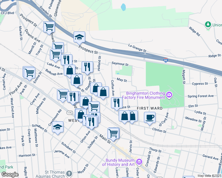 map of restaurants, bars, coffee shops, grocery stores, and more near 7 Holland Street in Binghamton