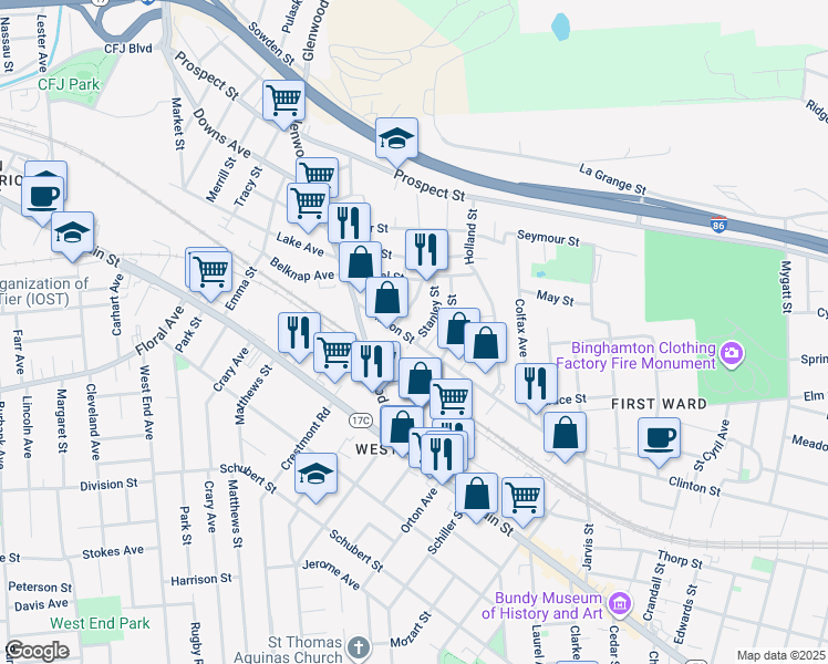map of restaurants, bars, coffee shops, grocery stores, and more near 305 Clinton Street in Binghamton