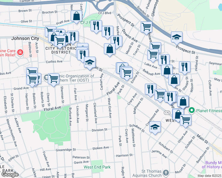 map of restaurants, bars, coffee shops, grocery stores, and more near 198 West End Avenue in Binghamton