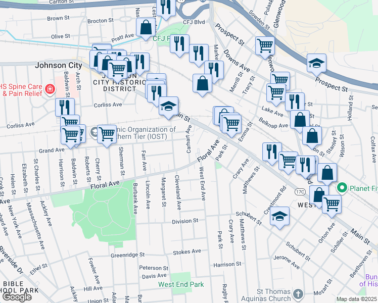 map of restaurants, bars, coffee shops, grocery stores, and more near 36 Floral Avenue in Binghamton