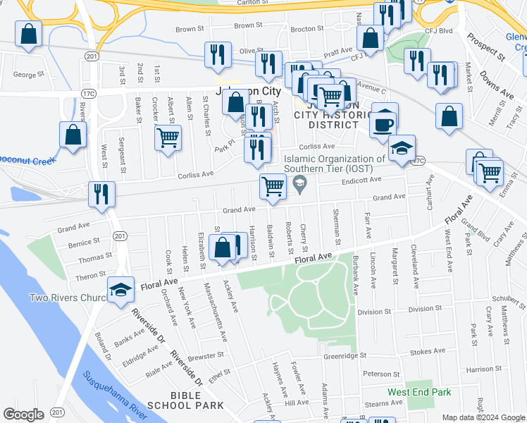 map of restaurants, bars, coffee shops, grocery stores, and more near 191 Harrison Street in Johnson City